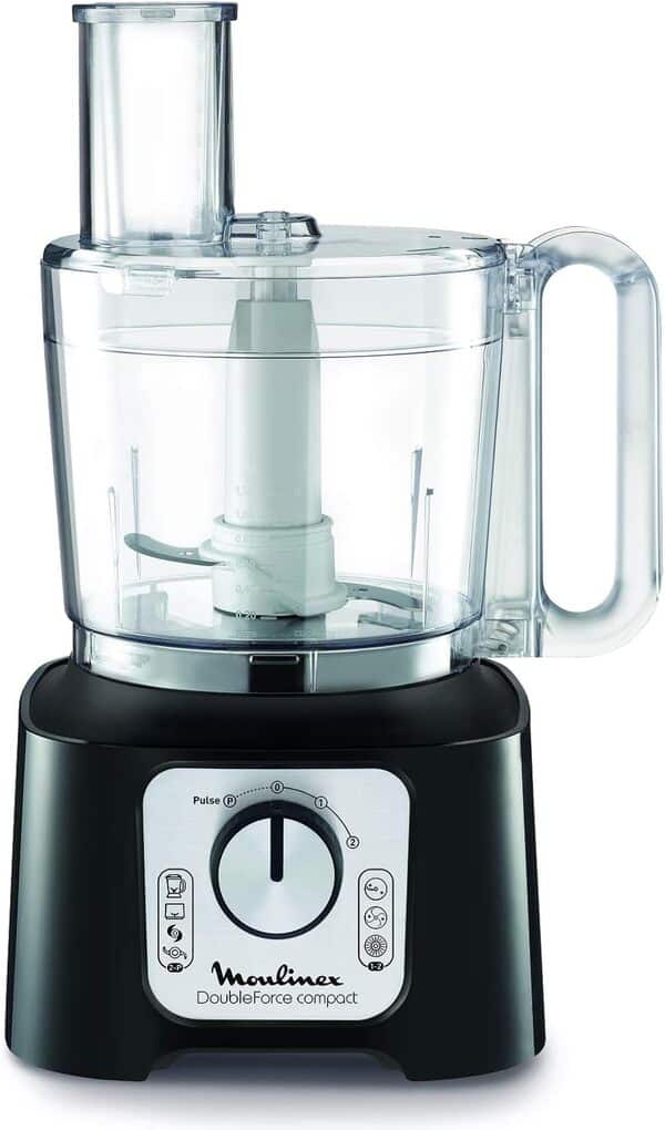 Moulinex Double Force Compact Robot multifonction, Bol 3 L, Blender 1,25 L, 6 options de vitesse, 9 accessoires inclus FP546811, Noir / Gris Foncé
