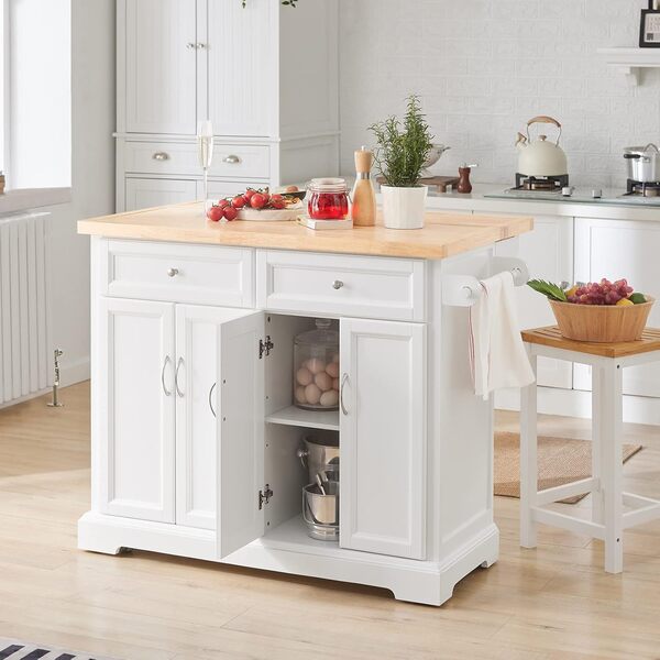 SoBuy Desserte sur roulettes, Meuble de Cuisine, Service Roulant avec Plans de Travail Rabattable, Ilôt de Cuisine Multi, pour Cuisine, Salle à Manger, Blanc, 115x(46+25) x92cm, FKW71-WN