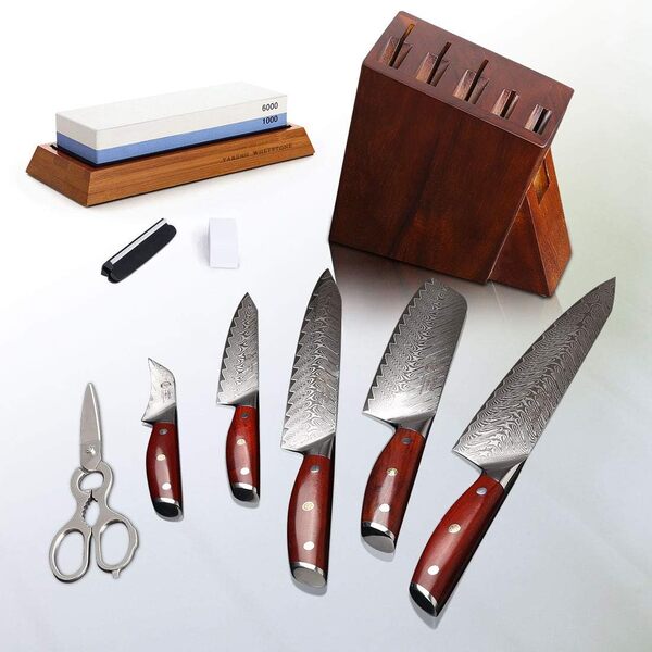 YARENH Set Couteau Cuisine,8 Pièces Couteaux de Cuisine en Acier Damas 67 Couches Avec Poignée en Bois,Professionnelle & Tranchant,Ensembles de Couteaux de Cuisine KTF-Série