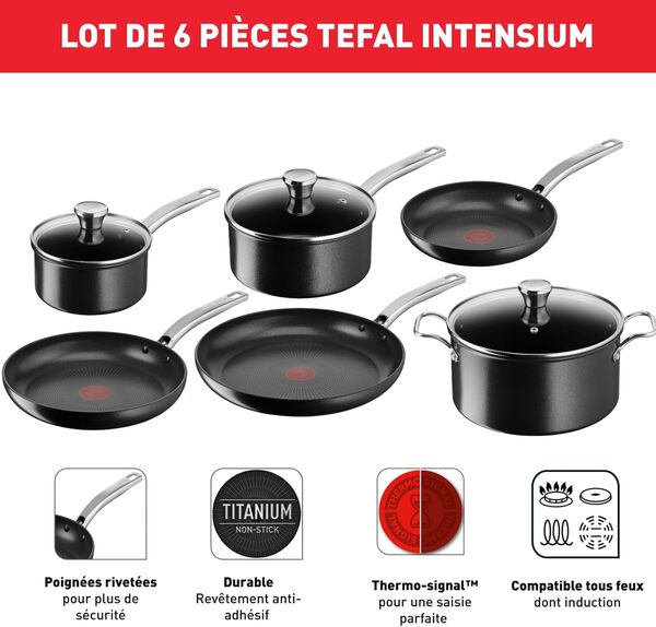 Tefal Lot de 6 pièces, Poêles, Casseroles, Faitout, Induction, Revêtement antiadhésif, Poignée robuste, Indicateur de chaleur Thermo-Signal, Intensium E589S617