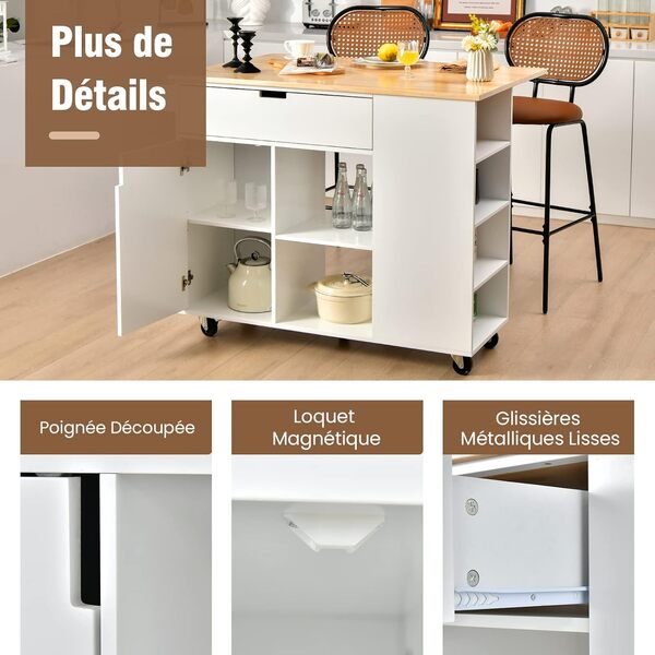 GOPLUS Desserte de Cuisine Desserte à roulettes en Bois avec Placard, Étagère Ouverte et Tiroir, Plateau Extensible Pliable, Support à Épices, Porte-Serviettes, 124 x 76 x 92 CM, Blanc