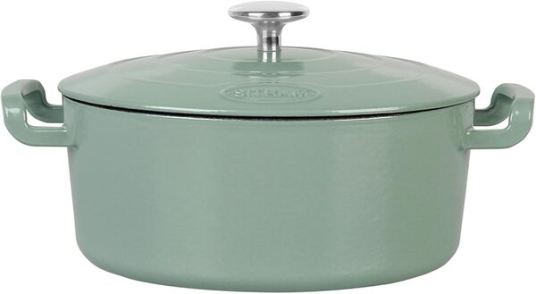 Sitram 715405 COCOTTE Sitrabella Ovale en fonte émaillée L26 cm - 4 litres - Extérieur émail Vert Sauge intérieur Blanc - toutes sources de chaleur y compris induction - Idéale repas 4-5 convives