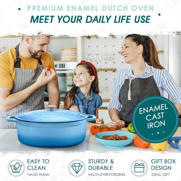 vancasso Cocotte Ovale en Fonte Émaillée 8L, 37cm, x13cm, 8.15kg, Marmite avec Couvercle Pour Tous Feux dont Induction Ciel Bleu