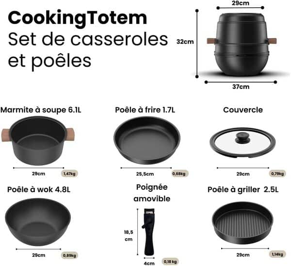 CookingTotem® Premium Set de poêles, empilable, peu encombrant, compatible induction,revêtement antiadhésif en céramique, poignée amovible,compatible four, poêle aluminium,poêles 25,5/29 cm,sans PFAS.