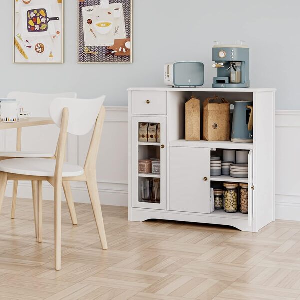 HOCSOK Meuble Micro-Ondes, Armoire de Cuisine, Buffet, avec 1 Tiroir 3 Portes, Passe-câbles, pour Cuisine, Salle à Manger, Salon, Blanc 90 x 40 x 82 cm