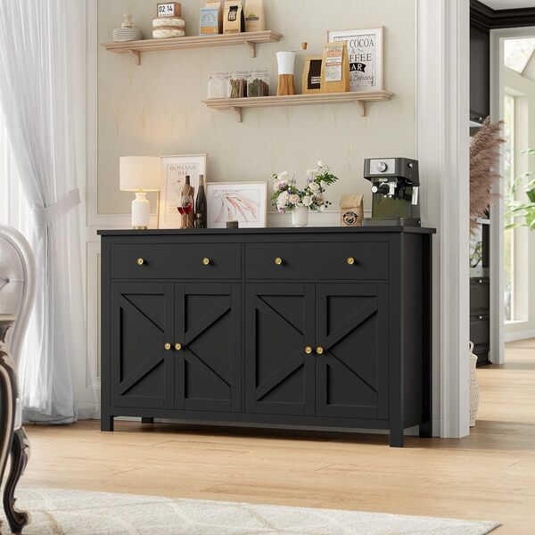 FirFurd Buffet Cuisine Meuble de Cuisine Rangement Buffet avec 4 Portes 2 Tiroirs Étagères Réglables Meuble de Rangement pour Salon Salle à Manger 140x40x89 cm Noir