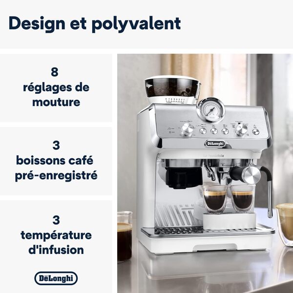 De'Longhi La Specialista Arte EC9155.W, Machine à Porte filtre, Machine Expresso Manuelle avec Moulin, 8 Niveaux de Mouture, 15 Bars, 3 Températures, Buse à Vapeur, Inclus Kit Barista, Blanc