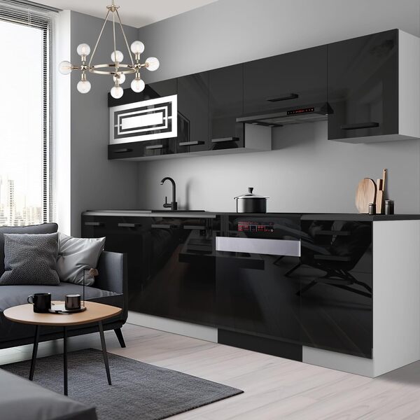 Belini Cuisine Equipee Complete Lily Muebles de Cuisine Complets - 240 cm. Cuisine Complete avec Plan de Travail, Noir très Brillant