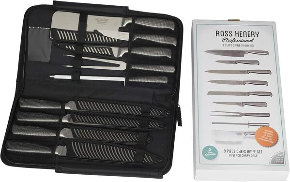 Ross Henery Professional | Ensemble d'Éclipse | Ensemble de 9 Couteaux de Cuisine dans un Étui de Transport | Couteaux de Chef en Acier Inoxydable de Qualité Supérieure