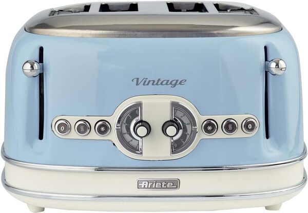 Ariete Vintage 156 Grille-pain 4 tranches, 6 niveaux de grillage, 1600 W, bleu & Vintage 2877 Bouilloire Électrique, 2000 Watts, 1,7 L, en Acier Inoxydable Peint en Bleu Pastel