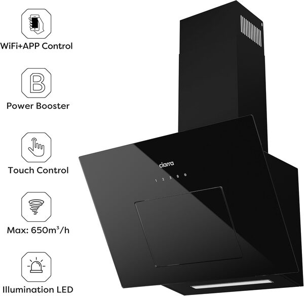 Ciarra CBCB6736M Hotte Inclinée 60cm Class A+++ - 650m³/h - Recyclage ou Evacuation- Commande Tactile - WiFi Connecté - LED Dimmable - 3 Vitesses et Fonction Boost - Noire [Classe énergétique A+++]