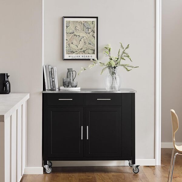 SoBuy Desserte Roulante Chariot de Cuisine à roulettes Buffet Multifonctionnel avec Etagère Latérale, Portes et Tiroirs Plateau en Acier INOX, 107x46x94 cm, FKW108-SCH