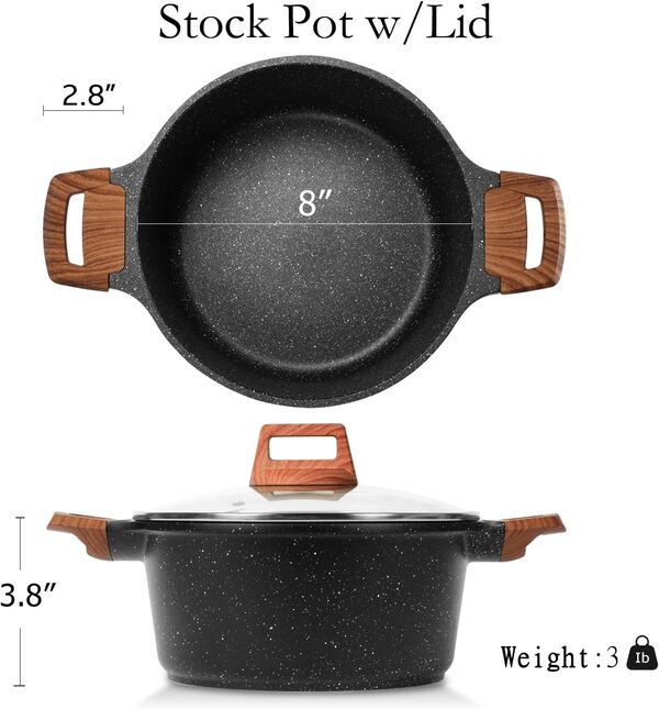 ESLITE LIFE Marmite antiadhésive avec couvercle, revêtement en granit de 3 litres, petite casserole à soupe, compatible avec toutes les cuisinières (gaz, électrique et induction), sans PFOA, noire