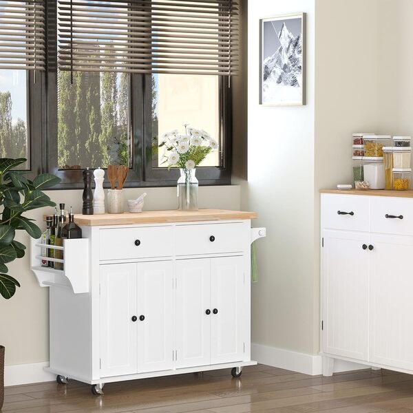 HOMCOM Desserte ilôt de Cuisine Multi rangements 2 tiroirs 2 Placard 2 Portes avec étagère Range-Bouteille Porte-torchons MDF Blanc hévéa