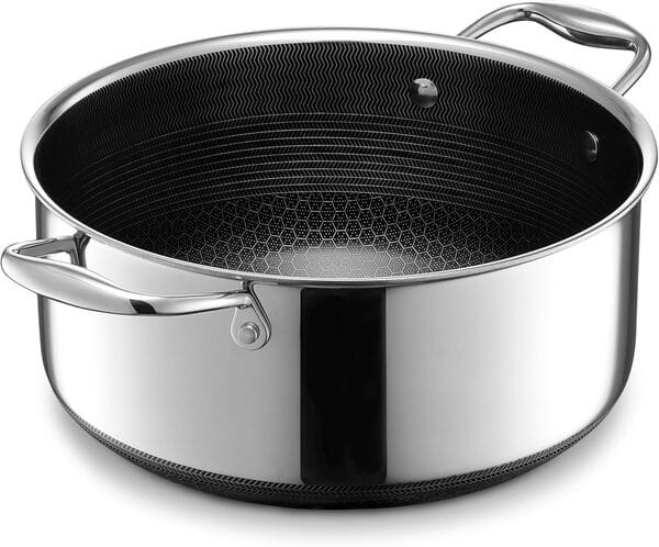 HexClad Casserole hybride en acier inoxydable de 3 litres avec couvercle en verre – Antiadhésive, facile à nettoyer, passe au four – Idéal pour faire des sauces, réchauffer des soupes