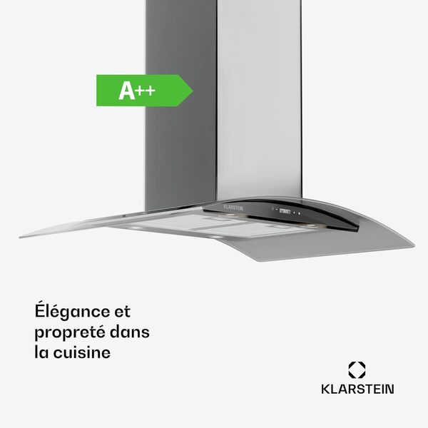 Klarstein Hotte Aspirante 90 cm, Hotte Aspirante Silencieuse, Hotte de Cuisine 90cm avec Lampes LED, Débit d'Air Puissant de 600 m³/h, Hotte avec Évacuation, Filtre à Graisse en Aluminium [Classe énergétique A++]