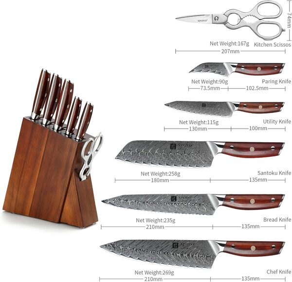 XINZUO 7 Pièces Acier Damas Ensemble de Couteaux de Cuisine avec Bloc en Bois, Couteau de Chef Santoku Pain Universel Paring, Ciseaux de Cuisine Multifonctionnel- Rosewood Poignée - Yi Série