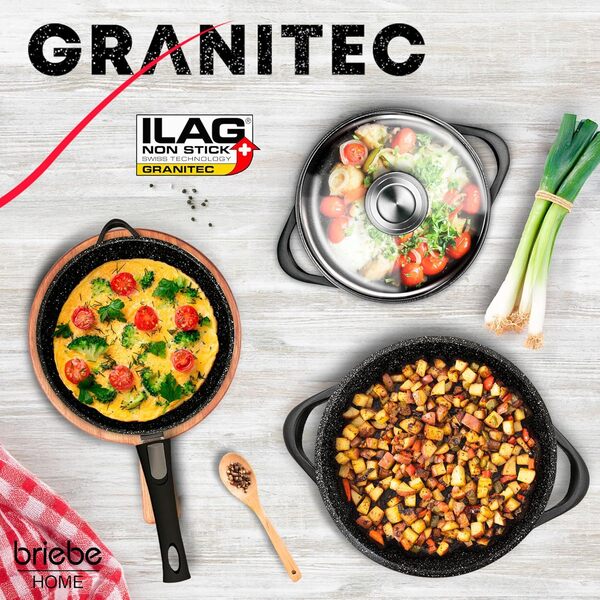 briebe Batterie de cuisine à induction 12 pièces, lot de 4 casseroles en fonte d'aluminium + 2 poêles, anti-adhésif ILAG GRANITEC sans PFOA, set de casseroles avec couvercles en verre, gants en