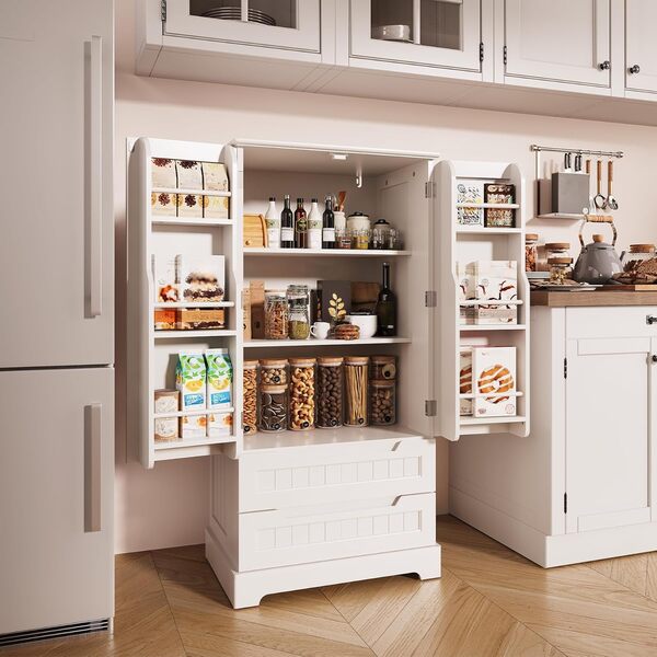 Bealife Buffet de Cuisine Blanc avec 2 Tiroirs et 2 Portes - Armoire de Rangement Autoportante Idéale pour Cuisine et Salle à Manger