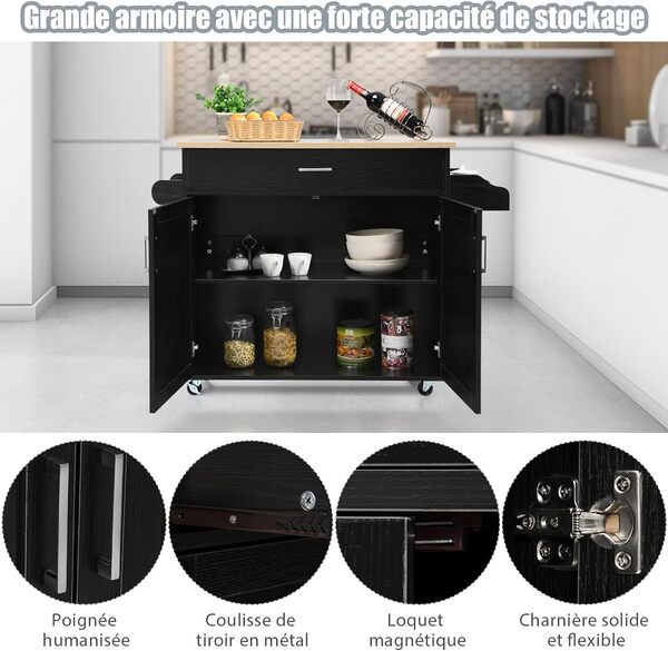 COSTWAY Dessert de Cuisine à roulettes Verrouillables, Ilot Central Cuisine Étagère Réglable sur 3 Niveaux, Grand Placard, Tiroir, Porte-épices et Porte-Serviettes, 40 x 116 x 85 cm (Noir)