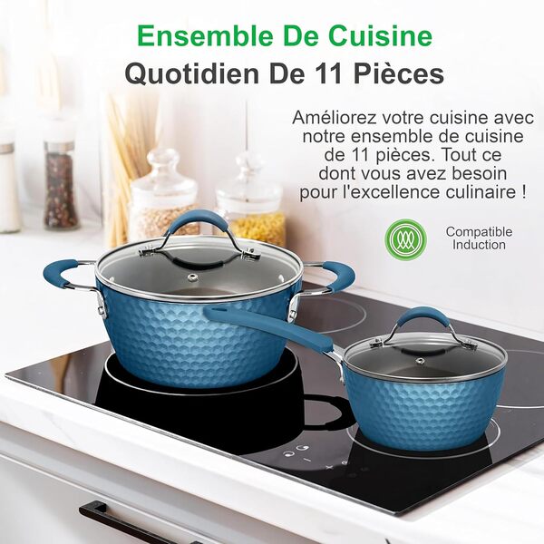 NutriChef Lot Poêle et Casserole Induction, Batterie de Cuisine Antiadhésifs avec Revêtement en Céramique, Poignées Ergonomiques, Casserole, Cocotte, Grandes et Petites Poêles à Frire,11 Pièces