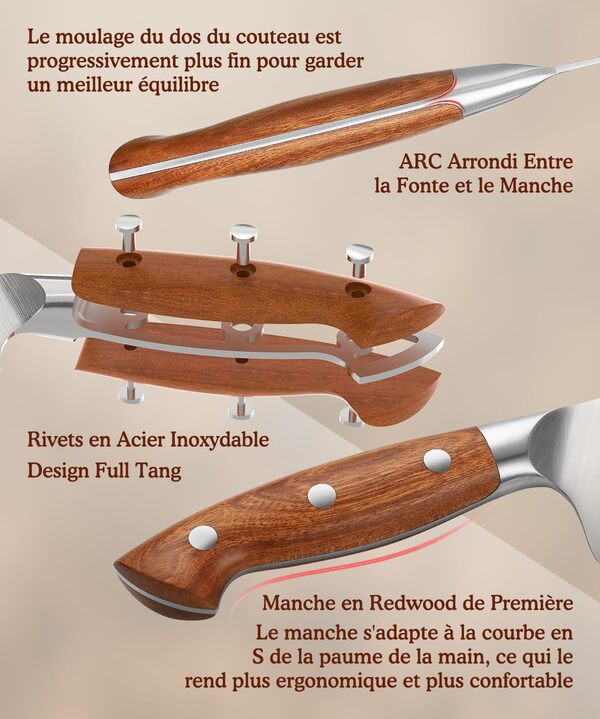 HEZHEN Ensembles de Couteaux de Cuisine German en Acier 5 Pièces，Set de Couteaux de Chef Professionnels en Acier Inoxydable Couteau Santoku, Manche en Redwood