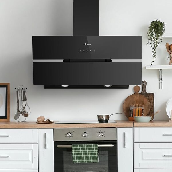 CIARRA CBCB9736F Hotte Aspirante Inclinée 90 cm 650m³/h - Classe A+++ - Filtre à Charbon Inclus - Commande Tactile- 3 Vitesses et Fonction Boost - LED Dimmable - Noire [Classe énergétique A+++]