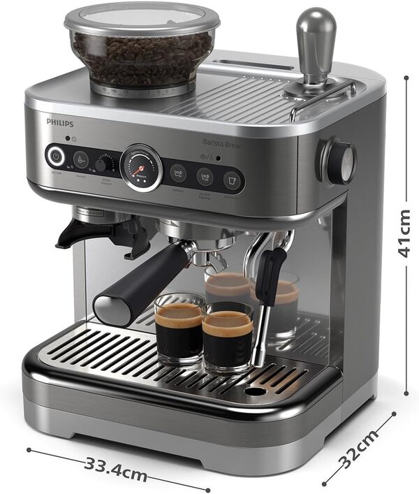 Philips Barista Brew Machine à Espresso Semi Automatique - Espresso simple et double + bouton Americano, réservoir à grains de 250g, guidage intuitif, tassage calibré, métal argenté (PSA3218/01)