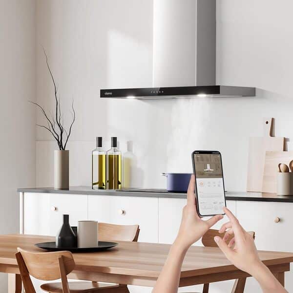 Ciarra Hotte Apisrante 90cm 650 m³/h - Class A+++ - 4 Vitesses - Fonction Boost - Hotte de Cuisine Silencieuse - Commande Tactile - Wi-Fi - LED Dimmable - Hotte Murale - Inox - CBCS9102 [Classe énergétique A+++]