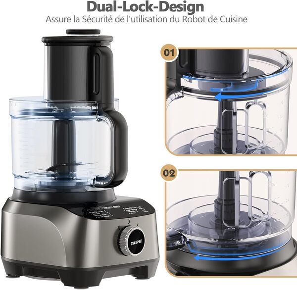 YASHE 11 en 1 Robot Cuisine Multifonction, 1300W Robot de Cuisine, Inclus 2,5L Bol et 1,5L Blender, Hachoir, Crochet Pétrisseur, Mixeur, Presse-agrumes et Moulin à Café, 3 Vitesses Réglables, 1300W