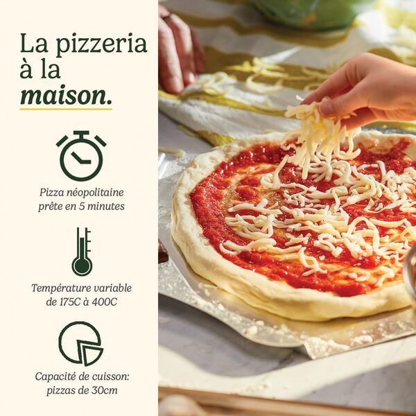 Cuisinart Four à pizza, Pour l'intérieur, Goût de pizza au feu de bois, Prêt en 5 minutes, Kit : Pelle, couteau, pierre en céramique et plat creux, Temps et température réglables jusqu'à 400°C