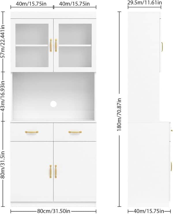 VOWNER Buffet Cuisine, Vaisselier, Armoire Meuble, 2 Étagères Réglables, 2 Tiroirs, 80L x 40W x 180Hcm, MDF (Blanc)