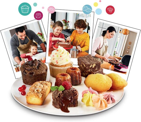 Tefal Cake Factory Intelligente à Gâteaux Appareil, Cuisson Conviviale, Pâtisserie, Machine à Pain, Muffins, 3 Inclus, 5 Programmes, Compatible Moules Crispybake KD801812, Plastique, Blanc/Framboise