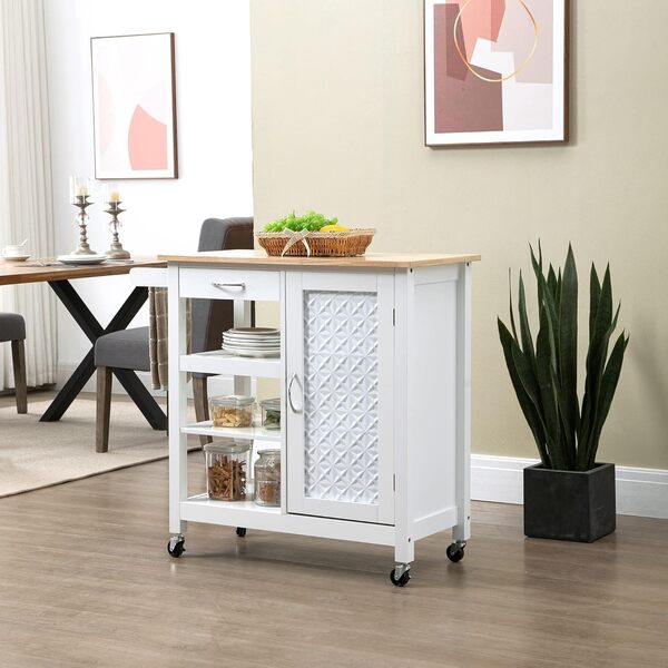 HOMCOM Desserte à roulettes Chariot de Service pour Cuisine Style Contemporain - Porte, tiroir, 3 étagères - poignées métal Bois Blanc