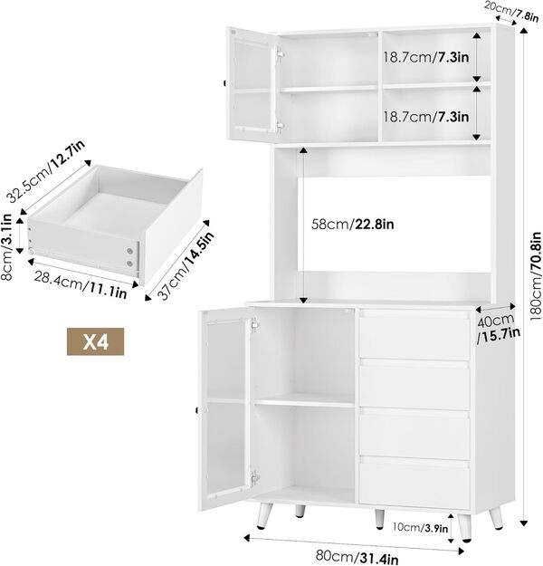 Buffet de Cuisine Armoire de Cuisine Haute Meuble Cuisine Rangement avec Portes Vitrées 4 Tiroirs pour Salle à Manger Salon 80x40x180cm