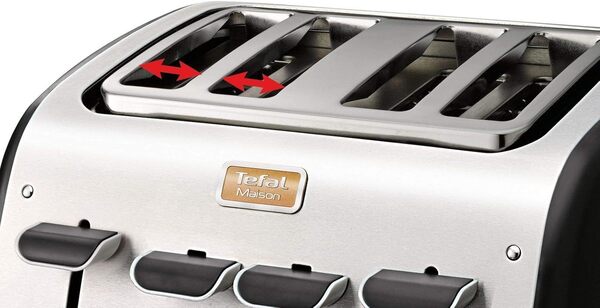 Tefal Grille Pain Maison 4 fentes, 2 Chambres Indépendantes de Cuisson, Réchauffage, Décongélation, Remontée Extra Haute, 1700W, Inox et Noir TT770811