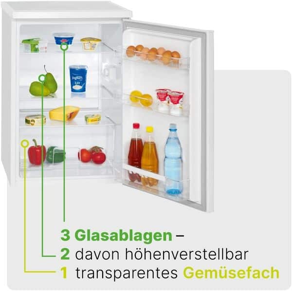 Bomann Réfrigérateur 133L blanc VS2185-1-blanc, Capacité nette : 133 litres, Éclairage intérieur à DEL, Contrôle de la température en continu, 3 clayettes en verre [Classe énergétique E]