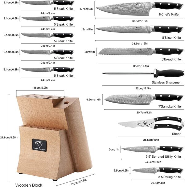 Couteau Professionnel Damas Bloc de Couteaux en Bois Ensemble de Couteaux Damas Couteau de Cuisine Ensemble de Couteaux de Chef En Acier Inoxydable (15 Pièces Ensemble Damas Bloc de Couteaux)