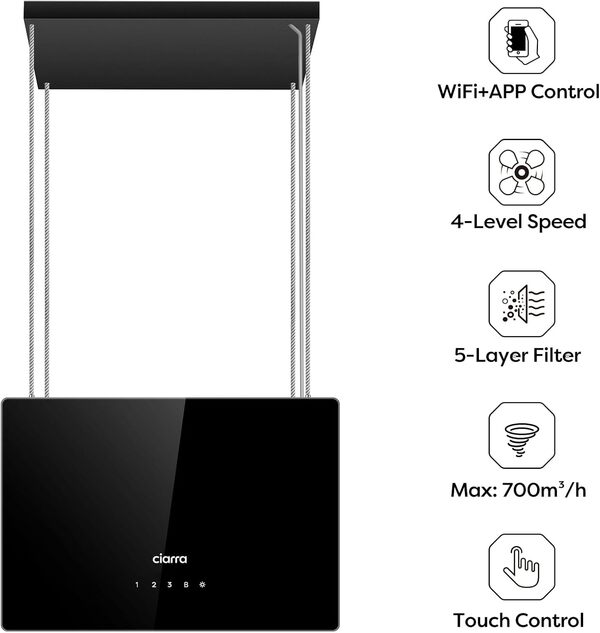 Ciarra Hotte îlot Centrale A+++ 700m ³/ h 48cm - Hotte Aspirante 4 Vitesses - WiFi&APP - Filtre à Charbon Inclus - 2 Niveaux de Luminosité LED - Hotte Suspendue Recyclage - CBCB4850 [Classe énergétique A+++]