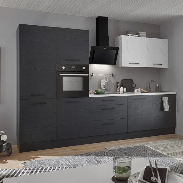 NEW YORK Kitchenette moderne sans appareil électrique en graphite noir, aspect marbre certifié FSC – Cuisine encastrée spacieuse avec beaucoup d'espace de rangement – 320 x 210 x 60 cm (l x H x P)