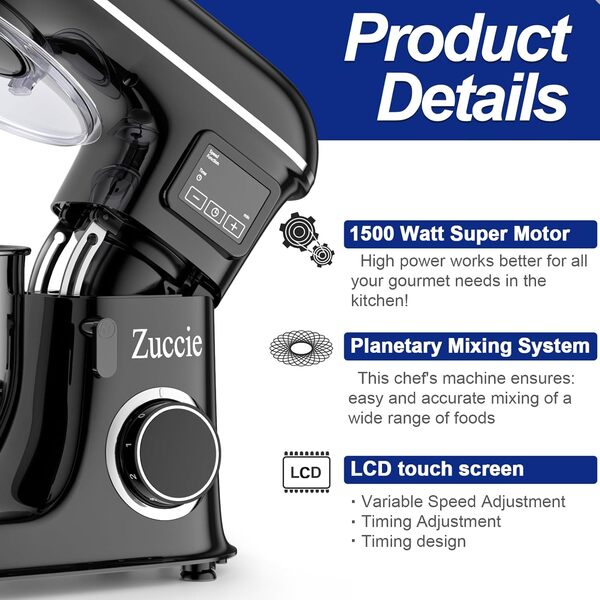 Robot Pâtissier 1500W 8L Robot Patissier Multifonctions Écran LCD + Fonction de Fermentation Robot Petrin avec Fouet, Batteur, Crochet et Pare-éclaboussures,6 Vitesses