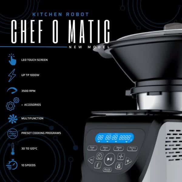 Robot de cuisine Chef O Matic Kitchen Robot, 1000 W, 3 L, 3 500 tr/min, plusieurs accessoires, 10 vitesses, robot multifonction, Écran tactile LED