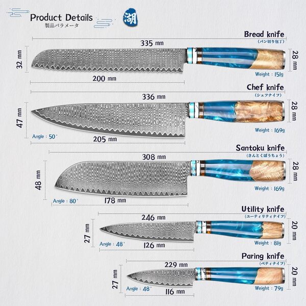 5pcs Couteau Cuisine Couteaux de Chef Damas Set, Couteaux Japonais Lame en Acier Damas 67, Lot de Couteaux Cuisine Professionnelle, Ergonomique Résine Bleue Handle