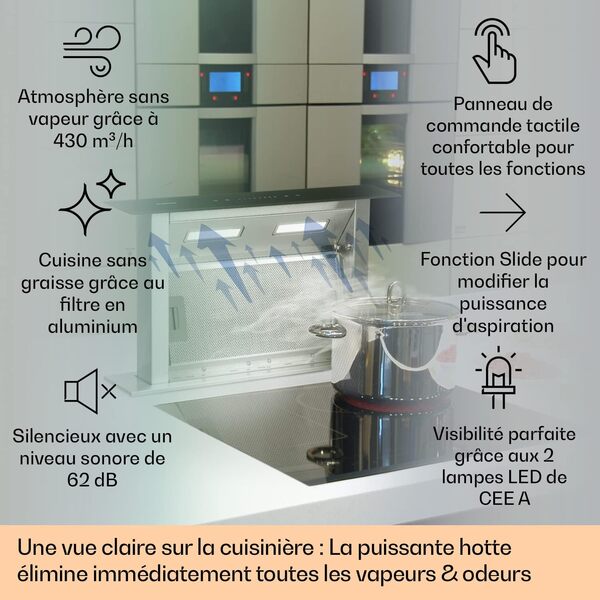 Klarstein Downdraft Hotte Aspirante, Encastrable et Silencieuse pour Cuisine, Débit d'Air 430m³/h, Filtres Inclus, 4 Modes de Ventilation, Mode Recirculation en Option, Minuterie, Sans Evacuation [Classe énergétique D]