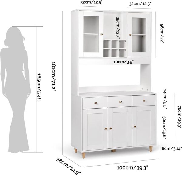 VOWNER Buffet de Cuisine, Vaisselier, Armoire de Cuisine, Buffet Salon Rangement, 5 Étagères Réglables, 5 Placards, 100 x 38 x 181 cm, MDF (Blanc)