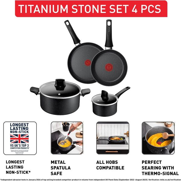 Tefal Lot de 4 casseroles 16 cm + couvercle, poêles 20/26 cm, faitout 24 cm + couvercle, revêtement anti-adhésif haute performance, compatible avec toutes les cuisinières, y compris induction,
