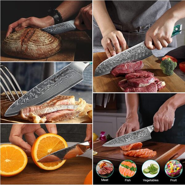 SANMUZUO Ensemble de couteaux de chef - Set de couteaux de cuisine de 5 pièces - Acier de Damas VG10 ultra-tranchant et manche en résine - Série Xuan(Vert Jade)