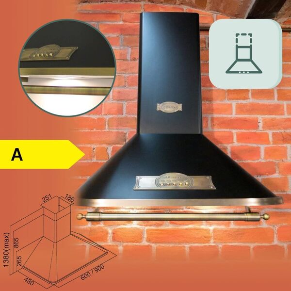 Hotte aspirante design rétro 90 cm/hotte murale EMPIRE/ 910 m³/h/hotte de cheminée noire – Empire/poignée – Bronze/hotte d'extraction [Classe énergétique A]