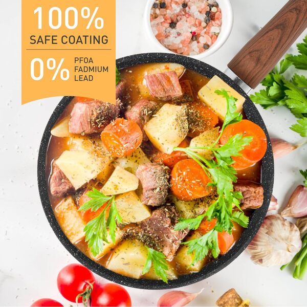 Kitchen Academy Batterie de cuisine à induction 17 pièces avec couvercles en verre et revêtement en granit avec poêles et casseroles (noir, 17 pièces)