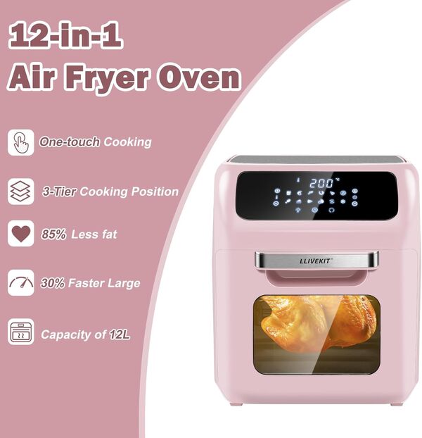 LLIVEKIT Four Firiteuse à Air 12L, Friteuse à Air Chaud à 360° sans Huile avec 12 Fonctions, Mini-Four Domestique avec Minuterie de 90 Min, Livret de Recettes et 6 Sortes d'Accessoires, 1800W, Rose